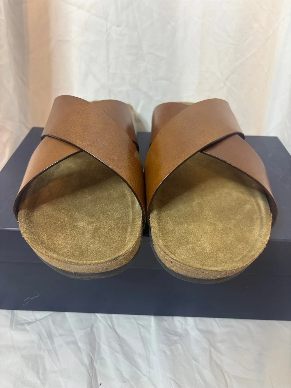 Andre Assous Brown Leather Crisscross Slide Sandals